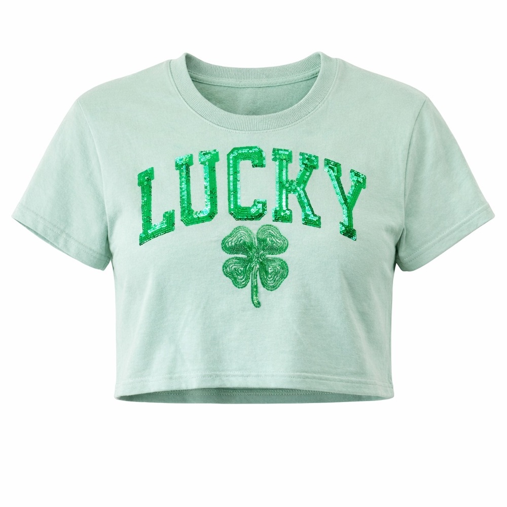 NWOT Women’s Goodie Two Sleeves Lucky St. Patrick’s Day Cropped Sequin Shirt S/M